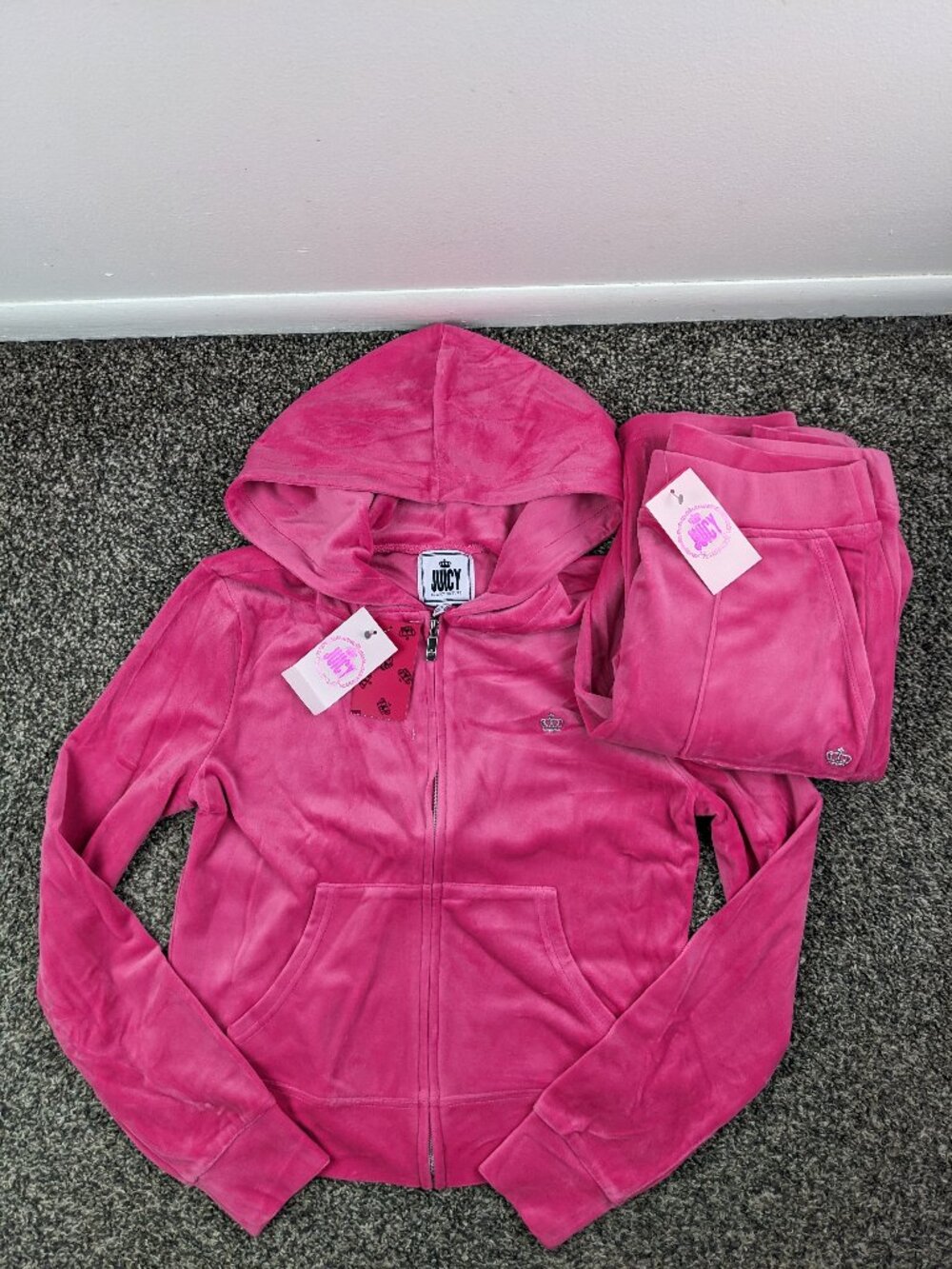 NWT Juicy Couture Velour Tracksuit Set Hoodie & Pants Small Preppy Pink Logo